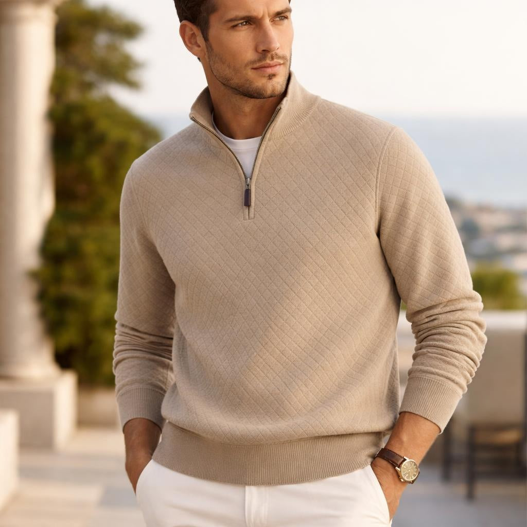 Beige Men's Sweater with Quarter Zip