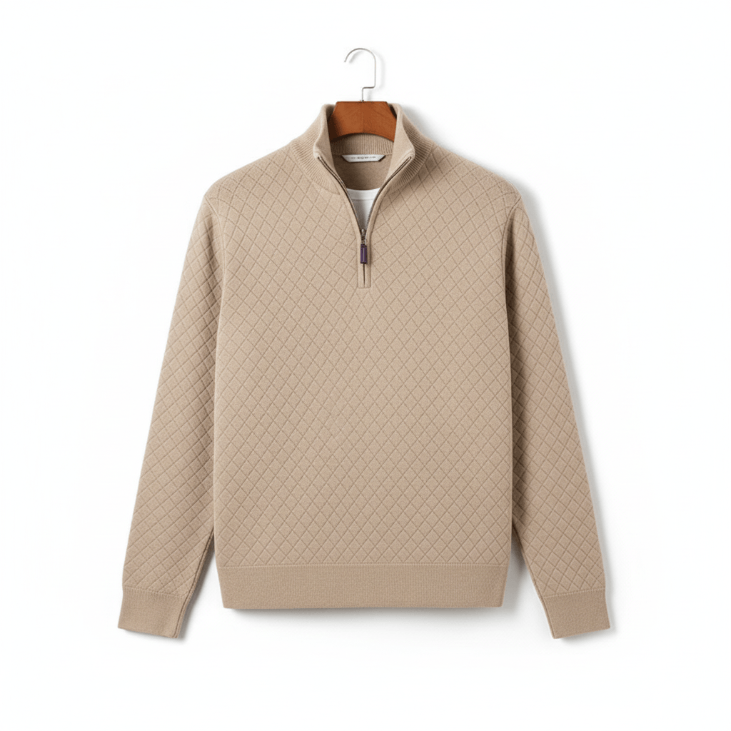 Beige Men's Sweater with Quarter Zip